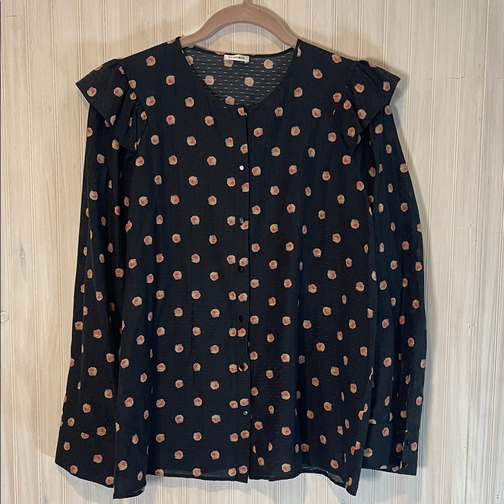 VILSHENKO SILK FLORAL BUTTON DOWN BLOUSE RUFFLE 14 USA 10